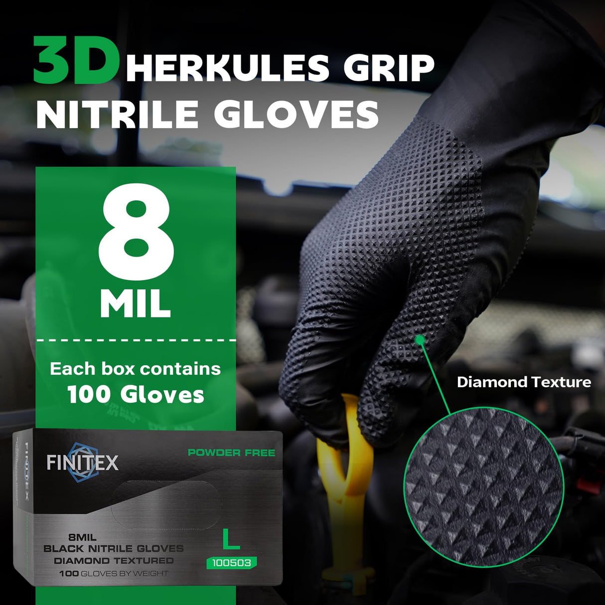 FINITEX Heavy Duty Black Industrial Nitrile Disposable Gloves - 100PCS 8Mil Latex-free Powder-free 3D Diamond Mechanic Gloves (Large)