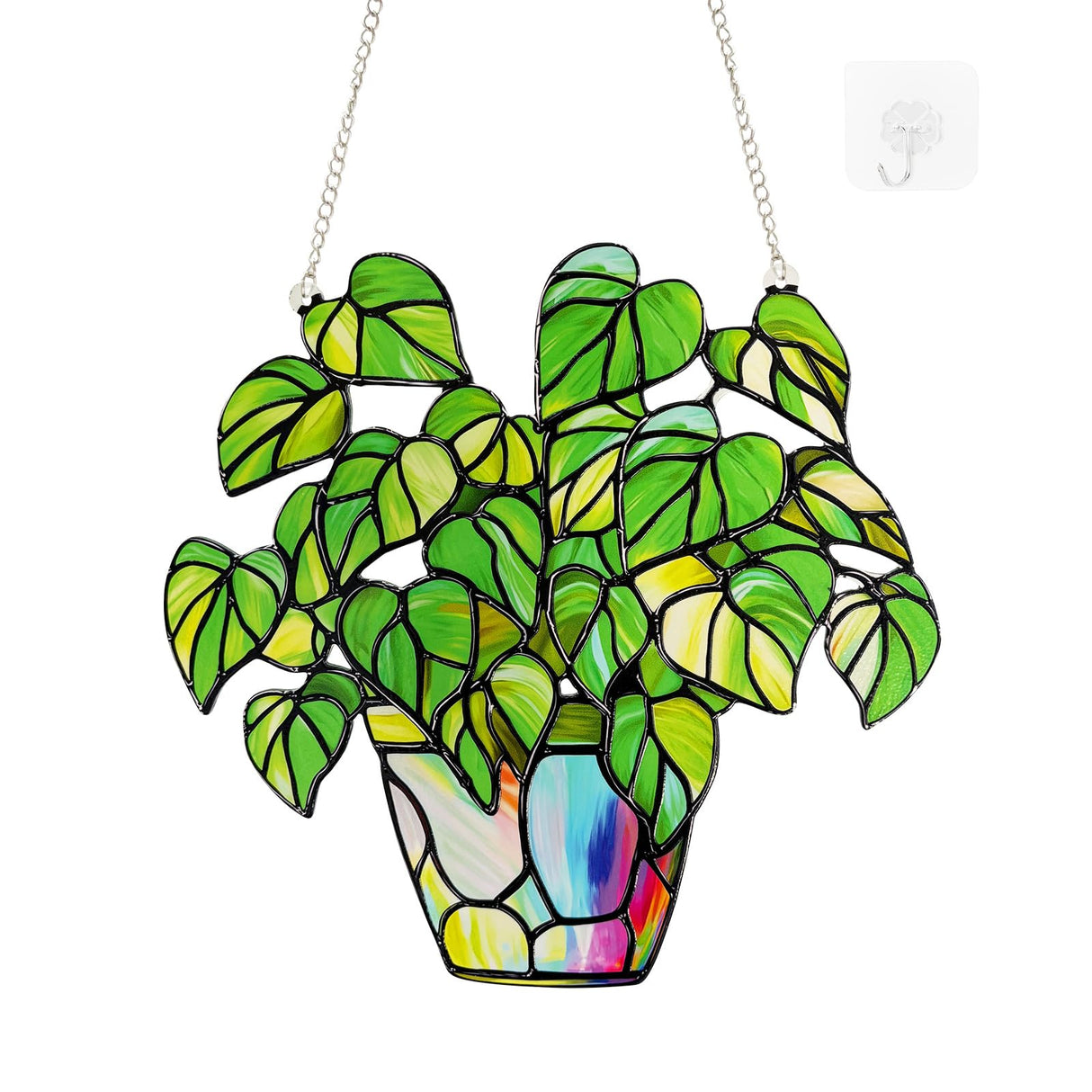 Stained Glass Plant Suncatcher Window Hanging, Marzovitra 10 Inch Real Glass Potted Green Leaves Sun Catcher with Chain Botanical Sun Catcher Window Decor for Home Garden, Plant Lover Gift