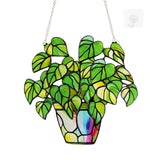 Stained Glass Plant Suncatcher Window Hanging, Marzovitra 10 Inch Real Glass Potted Green Leaves Sun Catcher with Chain Botanical Sun Catcher Window Decor for Home Garden, Plant Lover Gift