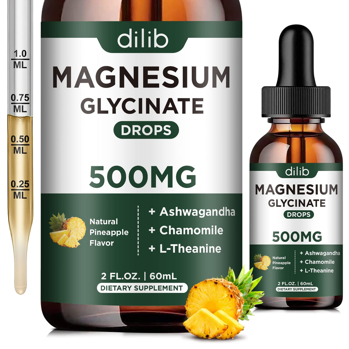 dilib Magnesium Glycinate 500mg - Liquid Magnesium Drops, Ashwagandha, L - Theanine, Chamomile - Calm & Stress Relief, Relaxation, Restful Sleep, Muscle Heart Health, Vegan - 2 Fl Oz (30 Days)