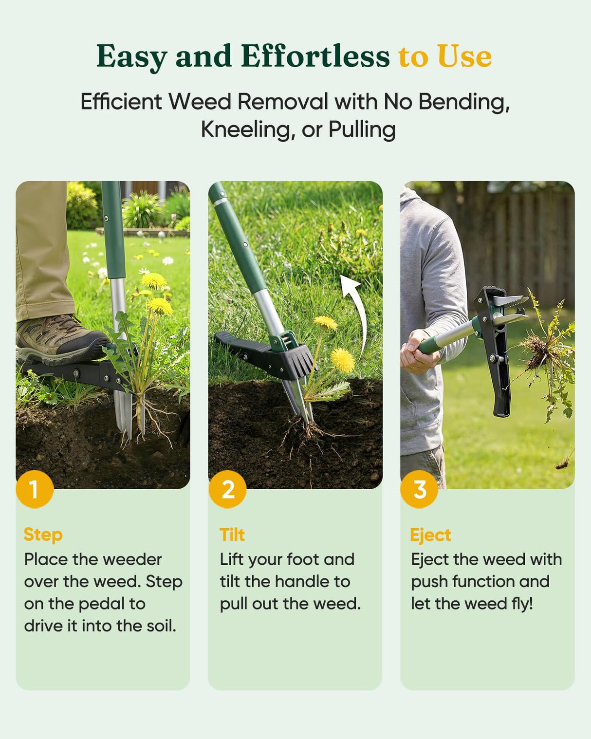 Grenebo Stand Up Weed Puller Tool, Claw Garden Weed Removal Tool with Eject Mechanism, Heavy-Duty Manual Weeder, Root Weed Remover Tool for Dandelion, Crabgrass & Weeds, Without Bending, or Kneeling
