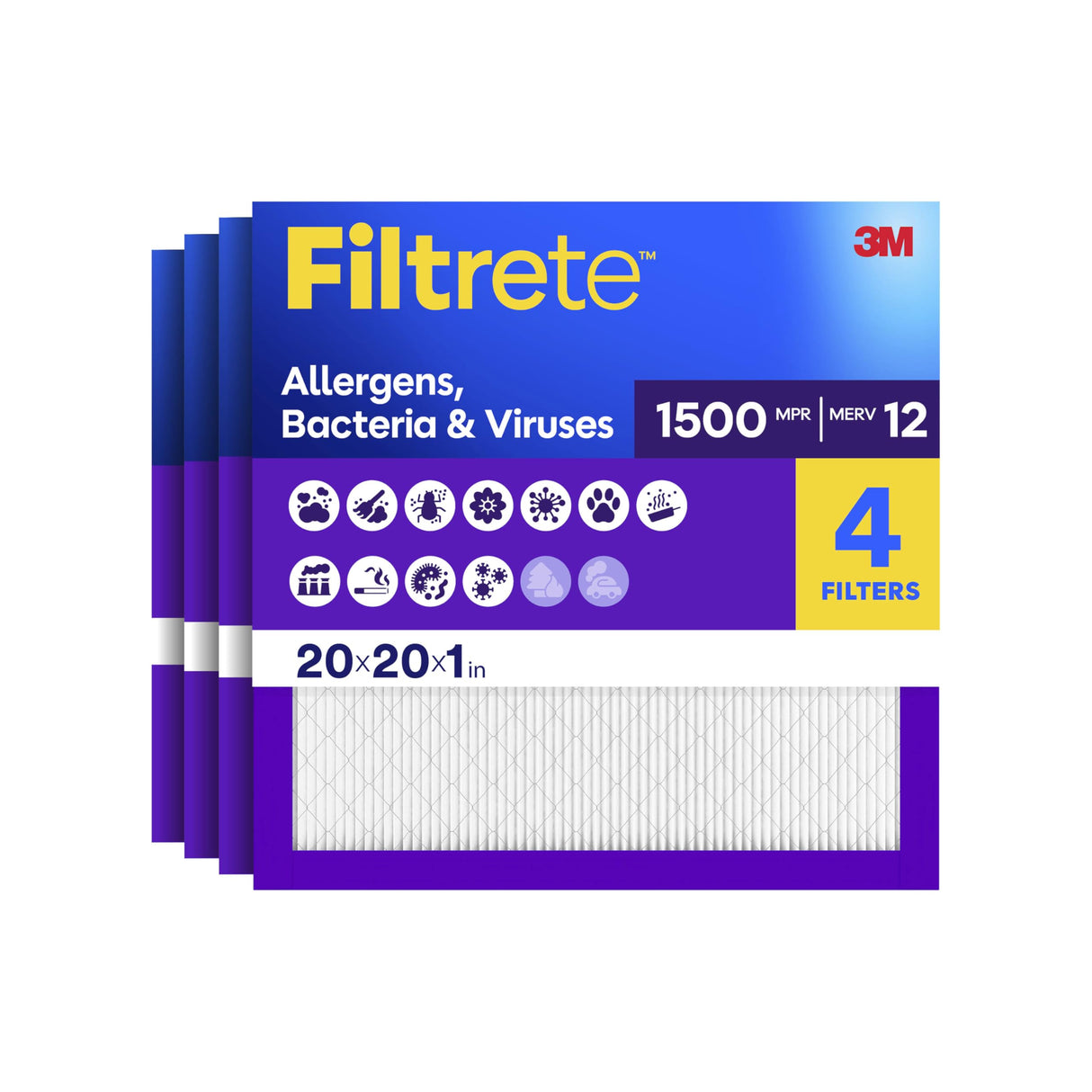 Filtrete 20x20x1 Air Filter, MERV 12, MPR 1500, Allergens, Bacteria & Viruses, 3-Month AC and Furnace Filters, Cleaner Air, Reliable Airflow, 4 HVAC Filters (Actual Size 19.62 x 19.62 x 0.78 in)