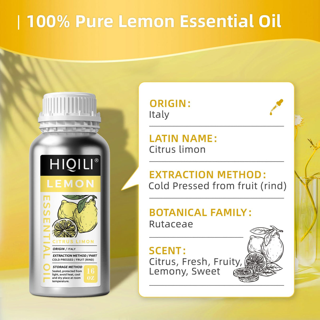 HIQILI Lemon Essential Oil for Cleaning, Degreasing & Household Use, Skin Care, Aromatherapy, Diffuser - 16 Fl Oz