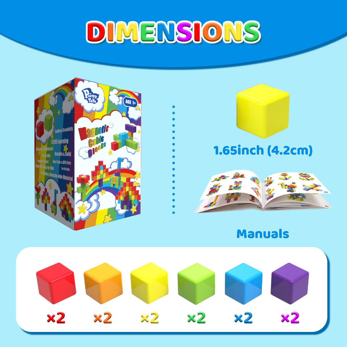 Magnetic Building Blocks Large, 1.65 inch Stacking Cubes for Toddlers