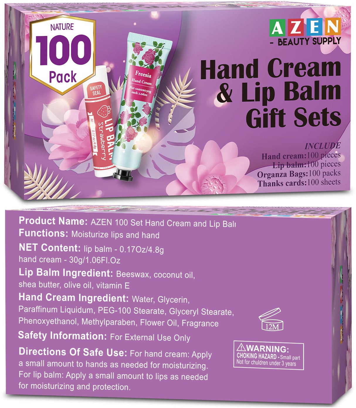 AZEN 100 Sets Hand Cream and Lip Balm Set with Organza Bag Thank You Card, Baby Shower Wedding Gifts for Guests, Bridal Souvenirs for Colleagues Employee Coworkers, Party Favor for Female Friends