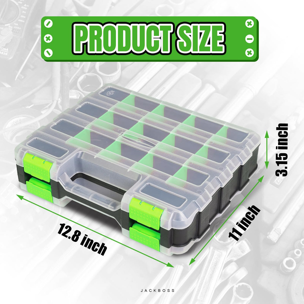 Jack Boss Tool Box with Transparent Lid, Double Side 34-Compartments Organizer Box with Removable Dividers for Hardware, Screws, Bolts, Nails, Beads, Jewelry and Fishing Accessories, Green, 1 Pack