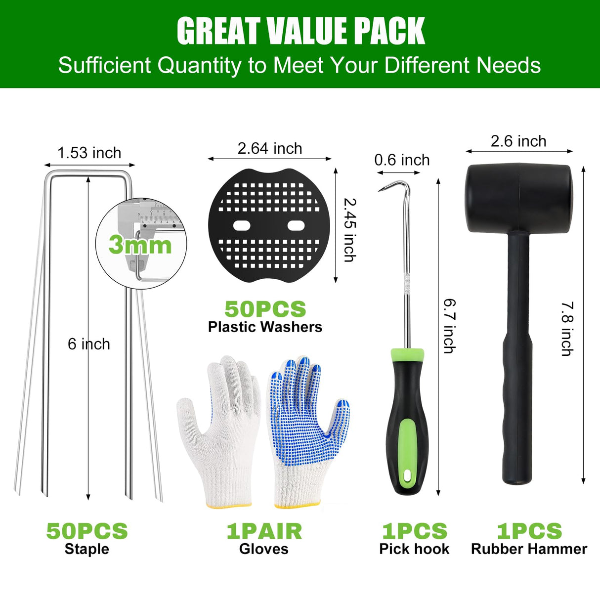 Landscape Fabric Staples with Rubber Hammer,6Inch 50pcs Galvanized Garden Pegs+ 50pcs Gaskets + Pick Hook + Gloves,Anti-Rust,U-Shaped Lawn Spikes,Yard Turf Pins for Weed Barrier,Ground Grass Cover