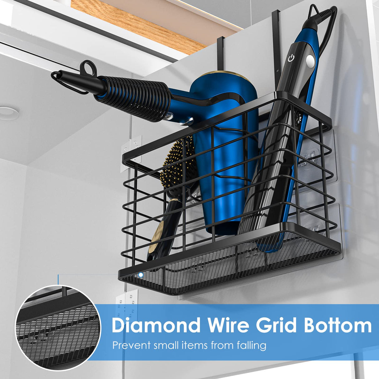 Hair Tool Organizer, Dryer Holder, 3 in 1 Blow Bathroom Organizer Wall Mounted/Cabinet Door for Flat Iron, Curling Straightener, Care & Styling Tools Storage Basket