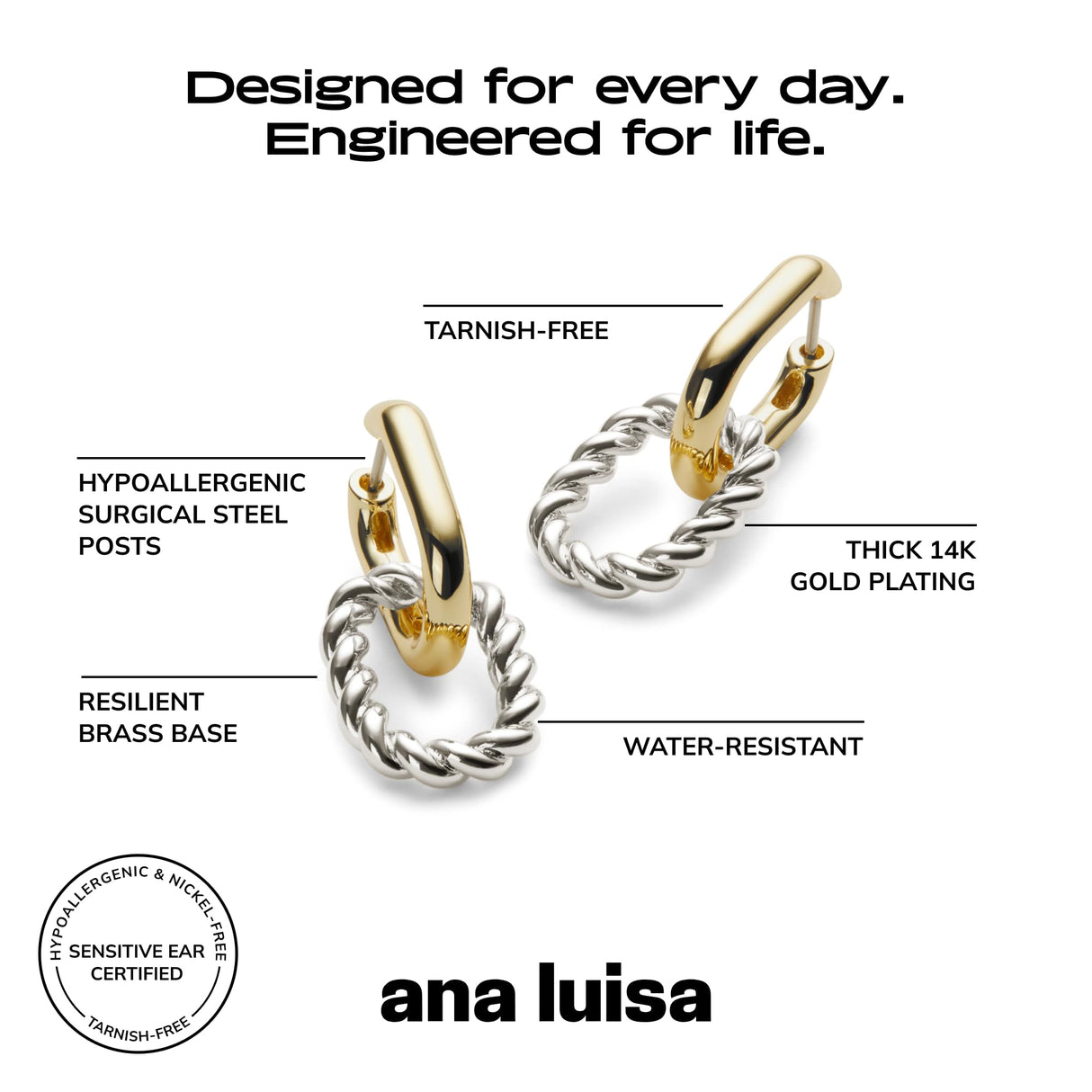 Ana Luisa Ash Double Hoop Earrings for Women - 14K Gold Plated, Silver & Two-Tone Drop Dangle Hoop Earring - Trendy Paperclip Link Huggie Hoop - Hypoallergenic, Water-Resistant & Tarnish-Free Jewelry