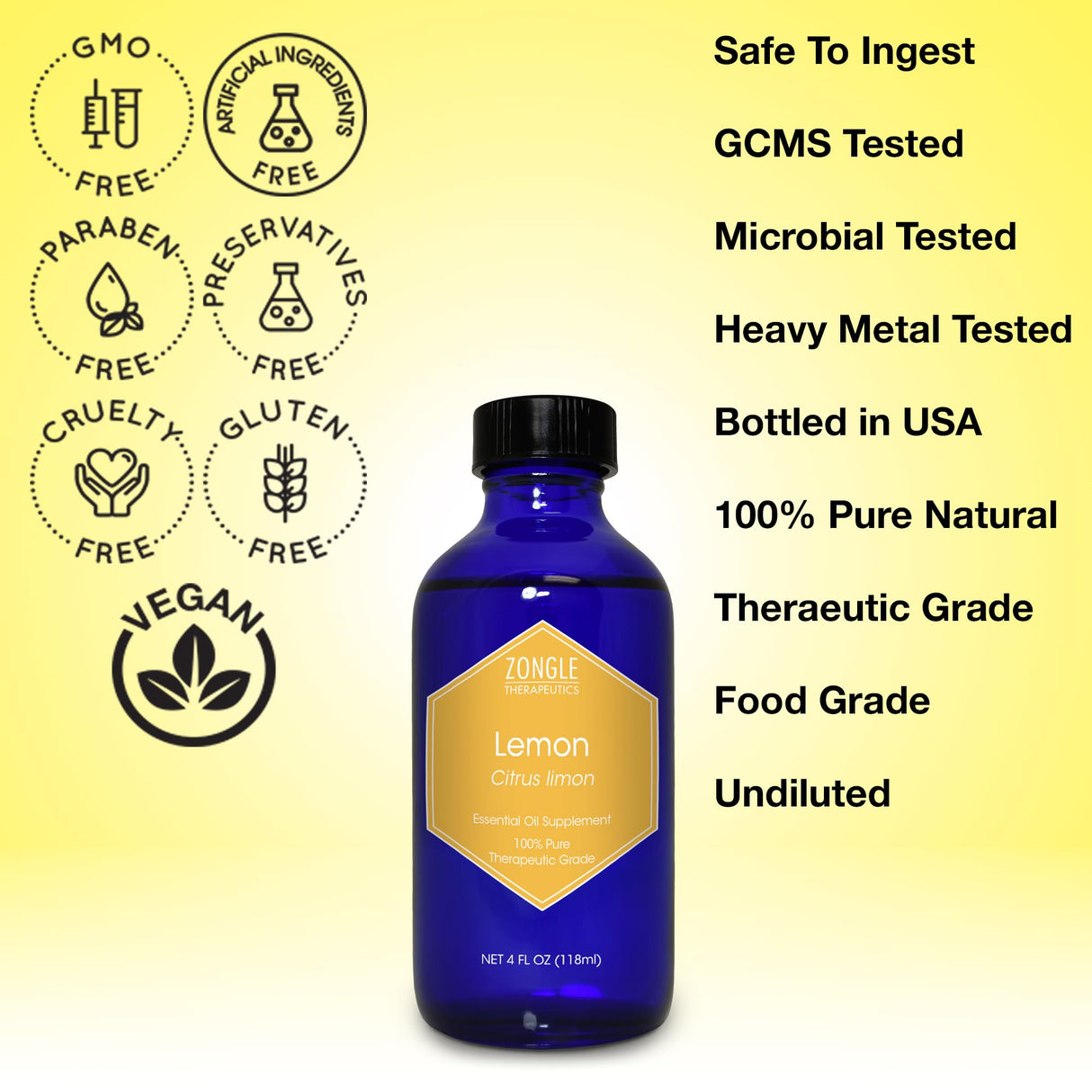 Lemon Essential Oil, Food Grade, for Cooking, Baking – 100% Pure, Lemon Oil, by Zongle Therapeutics, 4 OZ