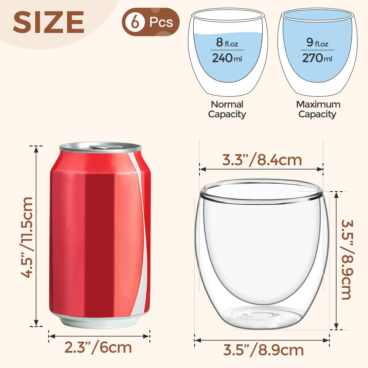 ComSaf 8oz Glass Coffee Mugs Set of 6, Double Walled Insulated Thermal Mugs for Latte Cappuccino Cocoa Milk Cafe Juice Tea, Clear Espresso Cups Set Glassware Gift for Christmas Birthday