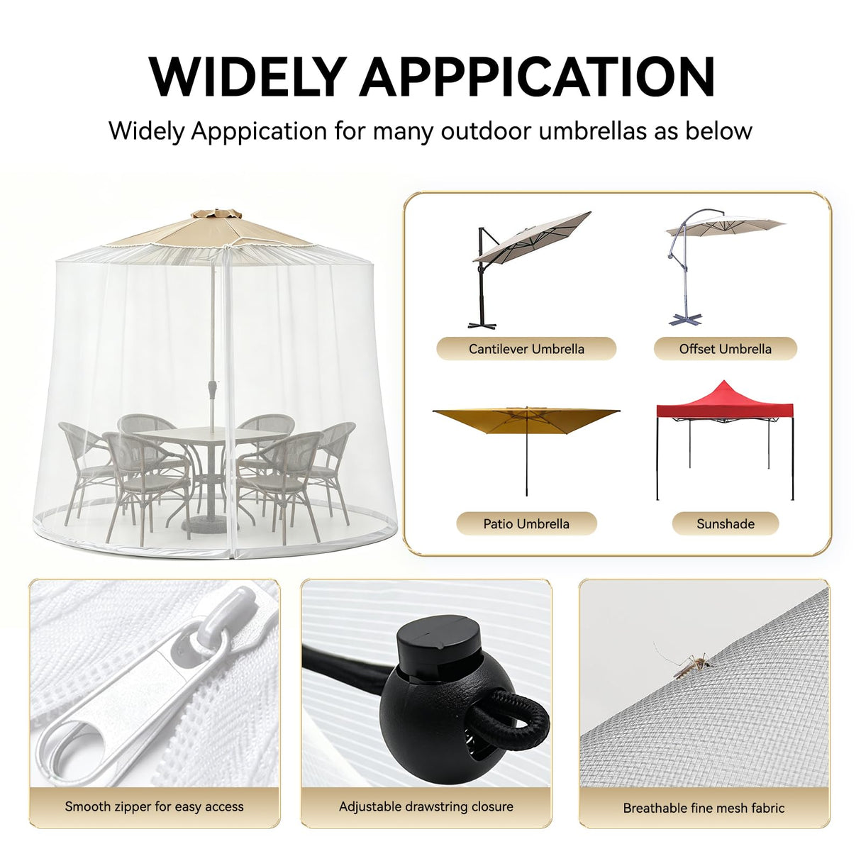 CEAWTUMY 9-11 FT Outdoor Mosquito Netting for Patio, Windproof Universal Umbrella Mosquito Net for Patio Garden Backyards, Polyester Mesh Outdoor Umbrella Screen with Zipper (White)