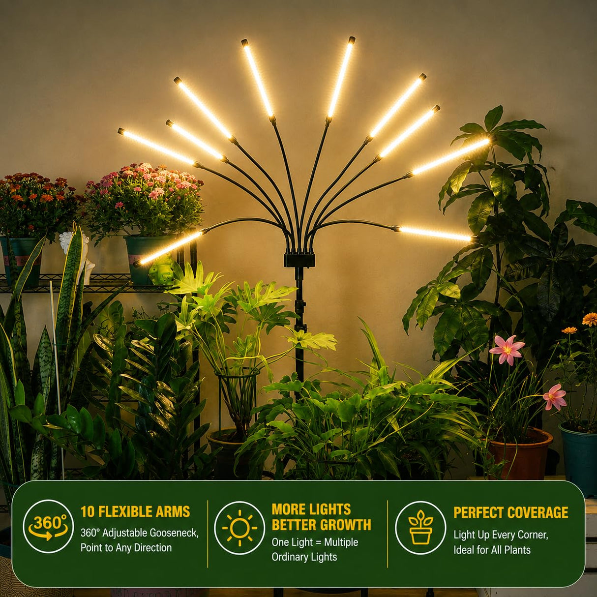 Grow Lights for Indoor Plants [ 10 in1 ] 500 LEDs, Full Spectrum Grow Light for Indoor Growing with Tripod Stand, Auto On/Off Timing 4/8/12H, Plant Grow Lights Indoor.