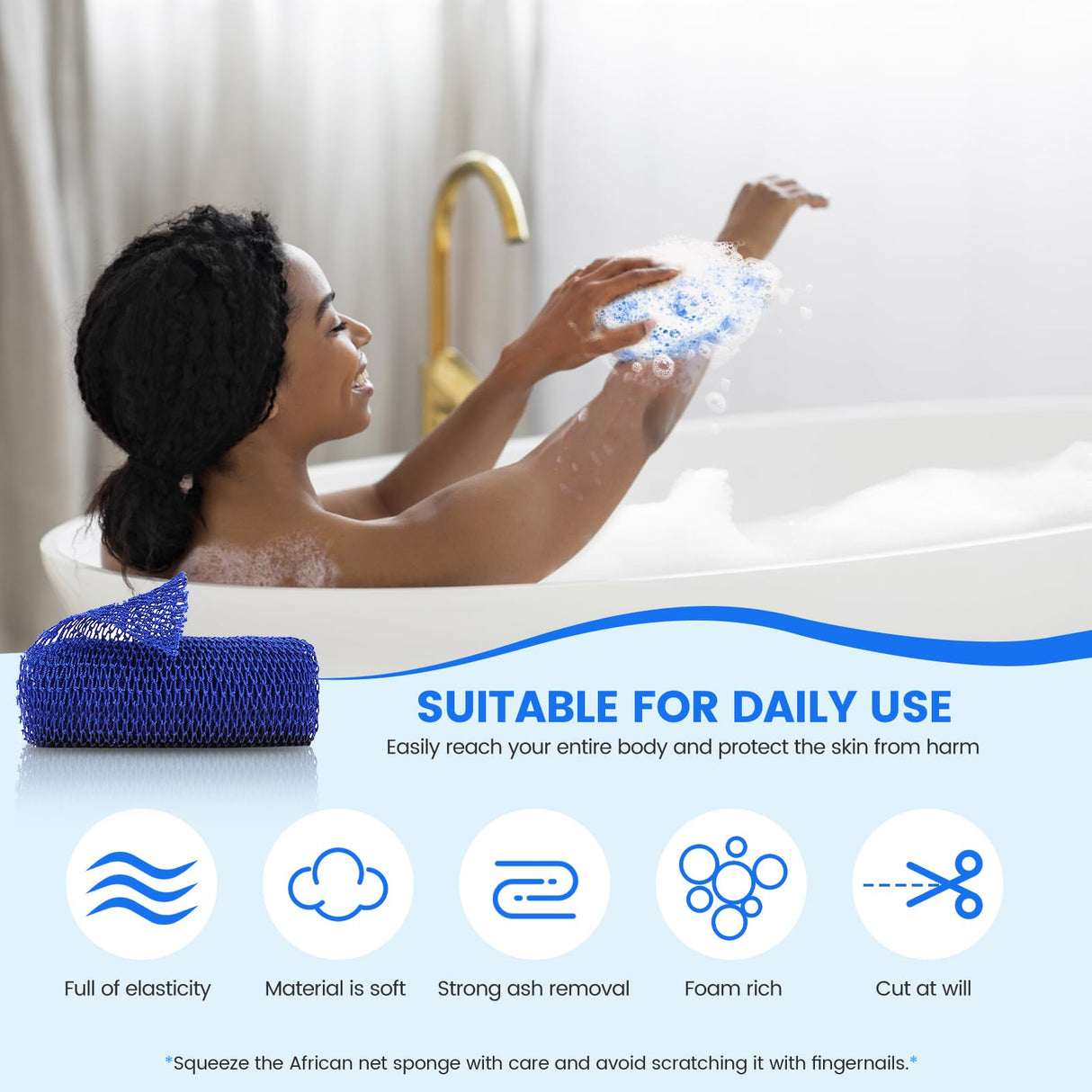 ZOCY African Net Sponge, Authentic Exfoliating Body Scrubber for Bath and Shower, Multiple Textures with Gentle Deep Exfoliating and Rich Lather for All Skins (Blue)