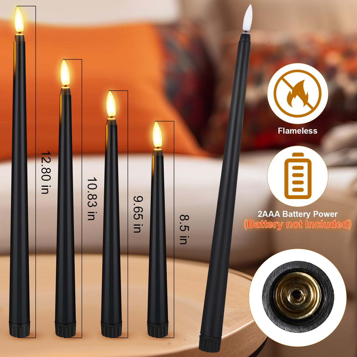Rossesay 24 Pcs Flameless LED Taper Candles Battery Operated Candles 8.58'', 9.69'', 10.98'', 12.91'', 12.8'' Flameless Candlesticks Flickering for Halloween Christmas Church Wedding(Black)