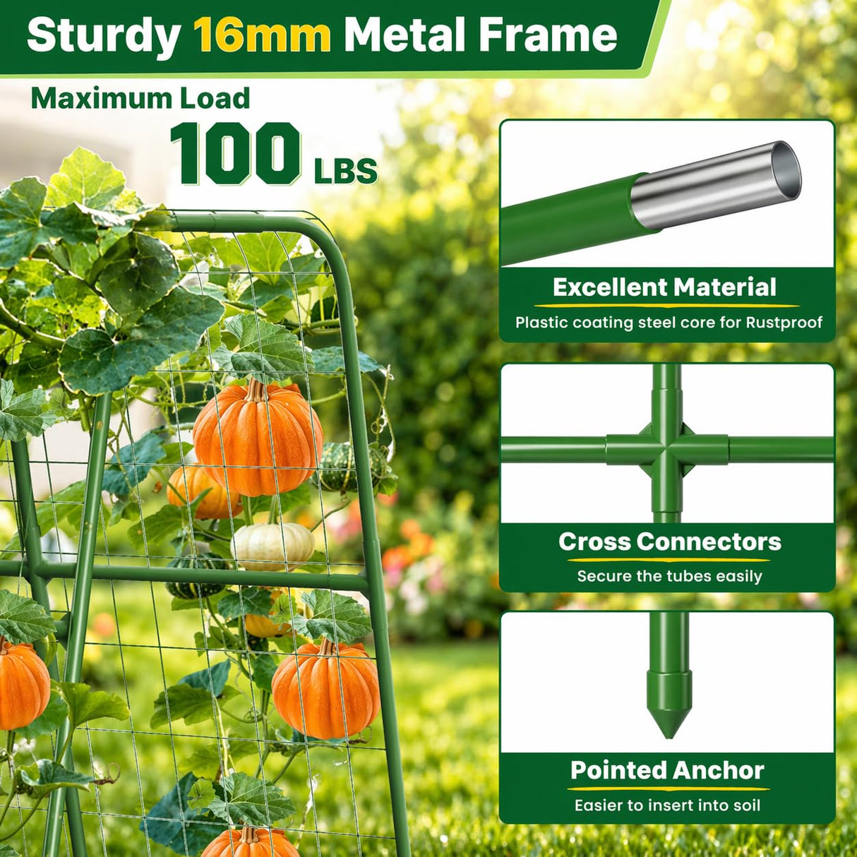 63"/5FT Heavy Duty Cucumber Trellis for Raised Beds, 16mm Metal Garden Trellis with Netting & Clips, Tall Vegetable Trellis for Tomatoes, Beans, Peas & Climbing Plants