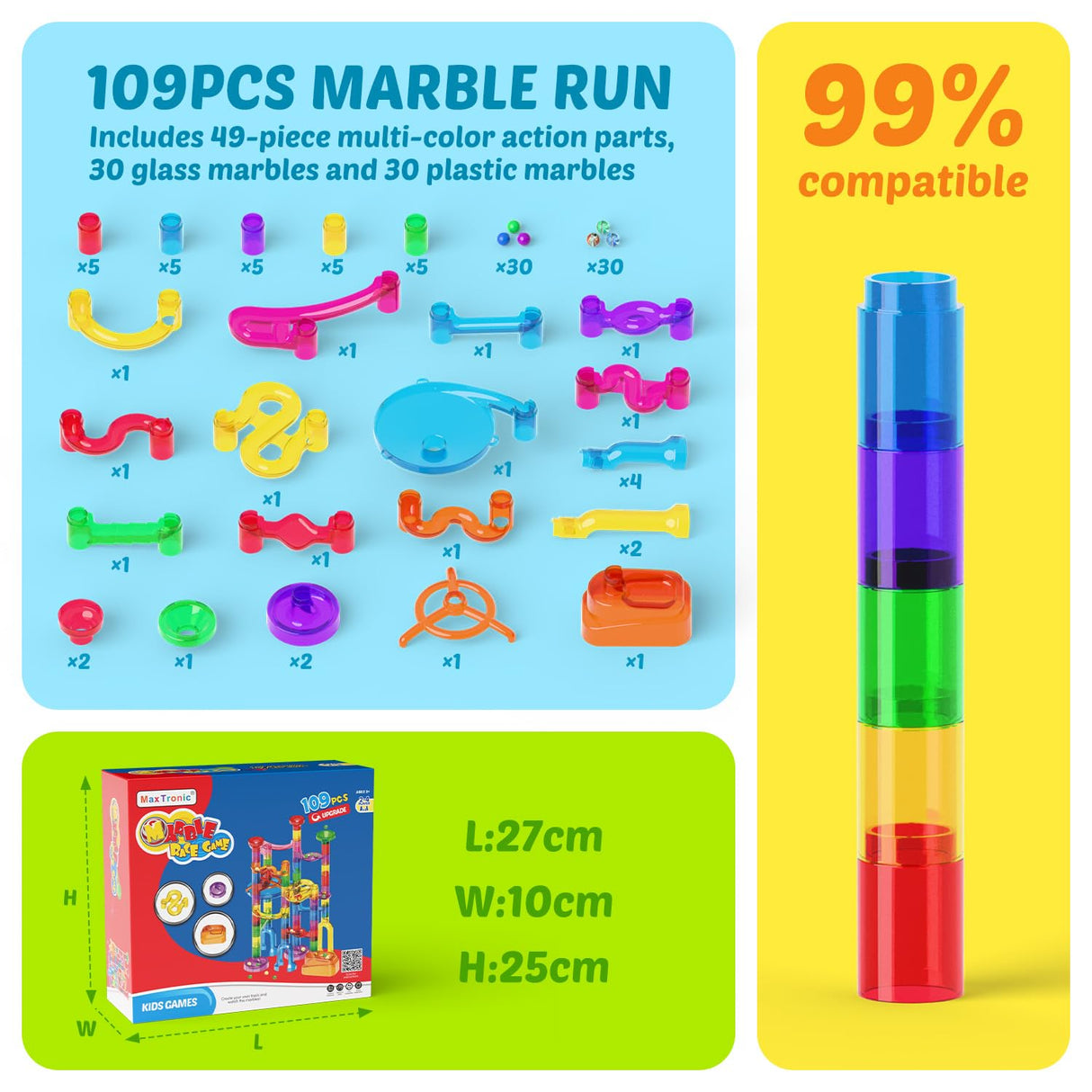 Marble Run, 109 Pcs Marble Maze Race Building Blocks Toy Game & STEM Learning Toys Christmas Birthday Gift for Kids Aged 3-12