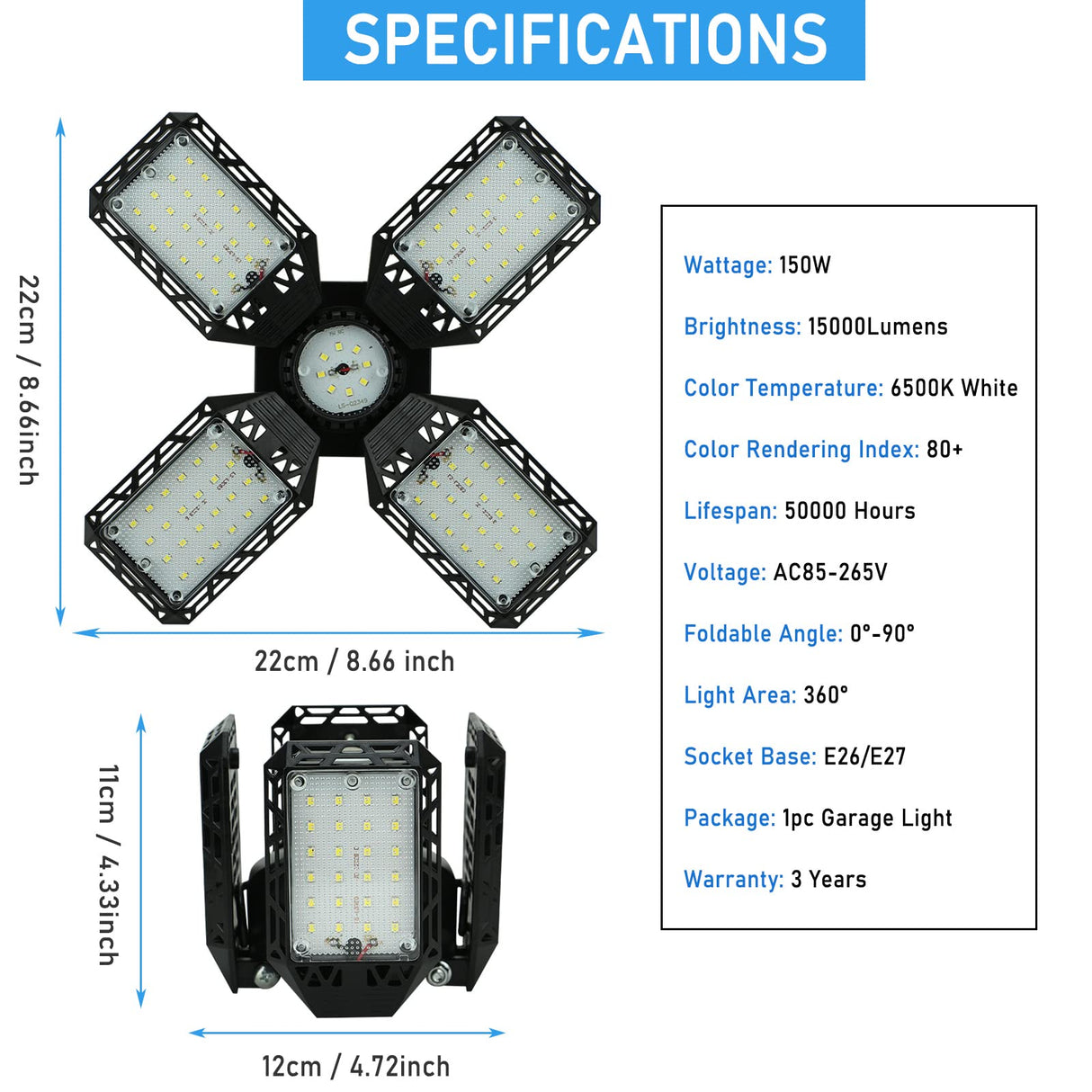 QiyuanLS 2-Pack LED Garage Light, 150W Deformable LED Ceiling Lights, 15000LM Garage Lighting with 4 Adjustable Panels, E26/E27 Shop Lights for Basement, Workshop, Attic