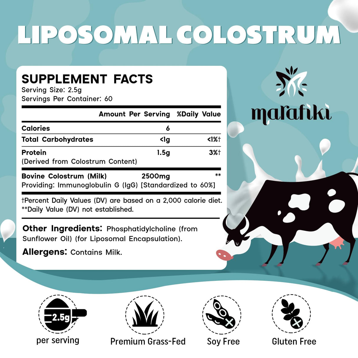 Marafiki Liposomal Bovine Colostrum Supplement - Grass Fed Colostrum Powder - High Bioavailability, Easy to Mix (60 Servings)