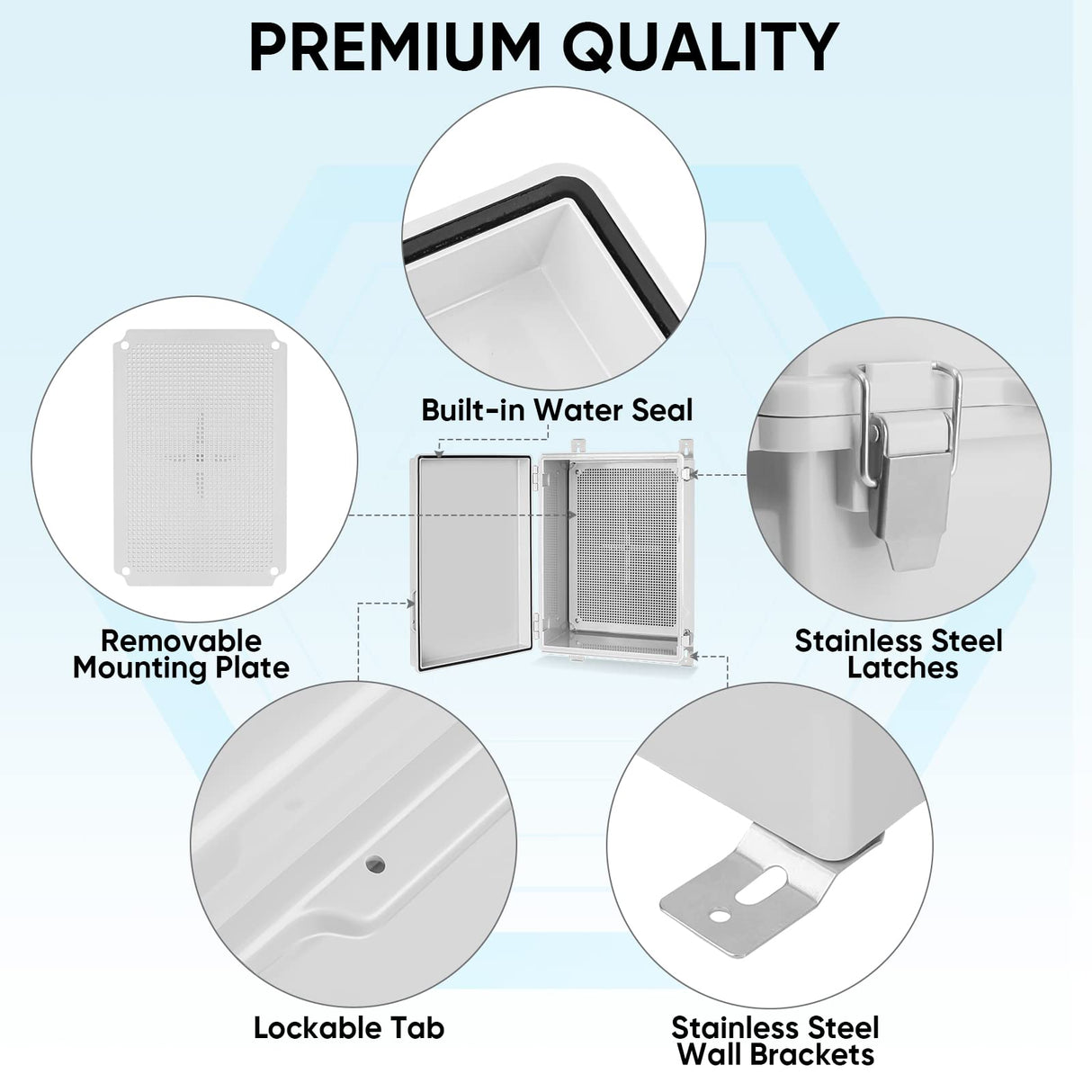 TICONN Outdoor Electrical Box Waterproof, Junction Box IP67 ABS Plastic Enclosure with Hinged Cover with Mounting Plate, Wall Brackets, Cable Glands (Off-White, 13.8"x9.8"x5.9")