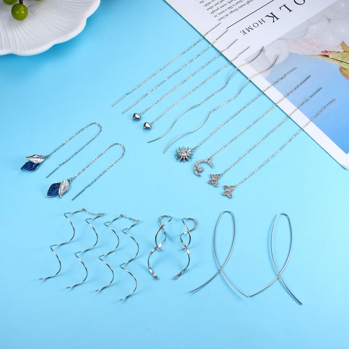 ORAZIO Threader Earrings for Women Stainless Steel Chain Earrings, Silver