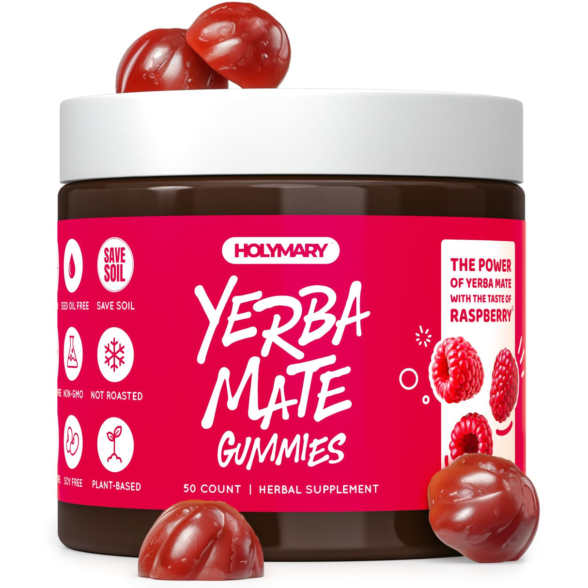 HOLYMARY Yerba Mate Gummies, Raspberry Flavor - Energy, Focus, Power Vegan, Non-GMO, Natural Ingredients, Gluten Free, 50 Delicious Supplement Gummies