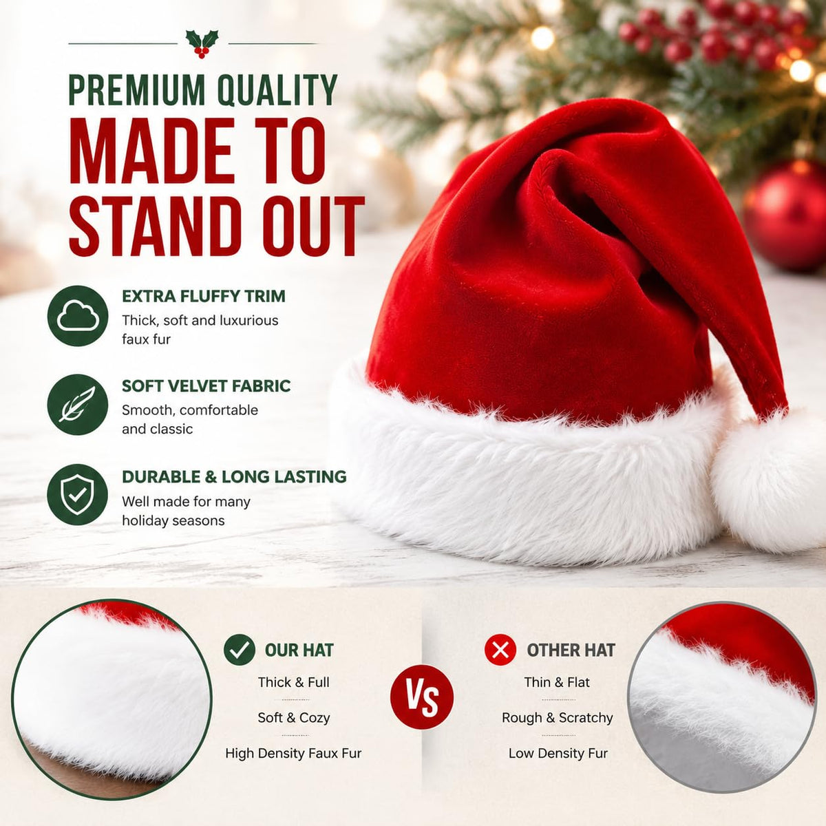 AOGU 6 Pack Plush Santa Hat Confortable Velvet Red Christmas Hat for Christmas Party Favors Fit for Adults and Kids