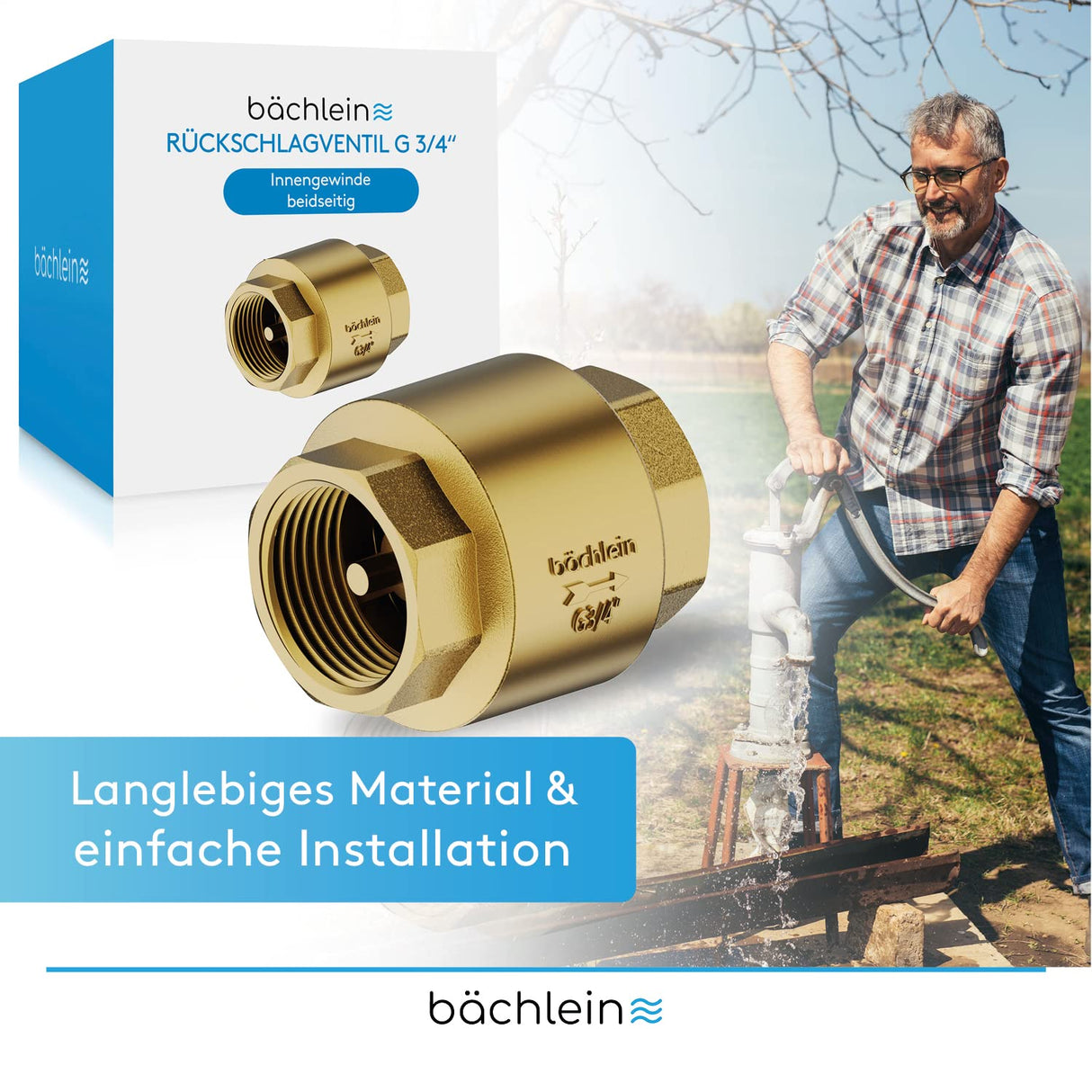Bchlein Universal Non-Return Valve - Brass Check Valve with G3/4 Inch Female Thread on Both Sides - Stainless and Watertight for Safe Drinking Water System
