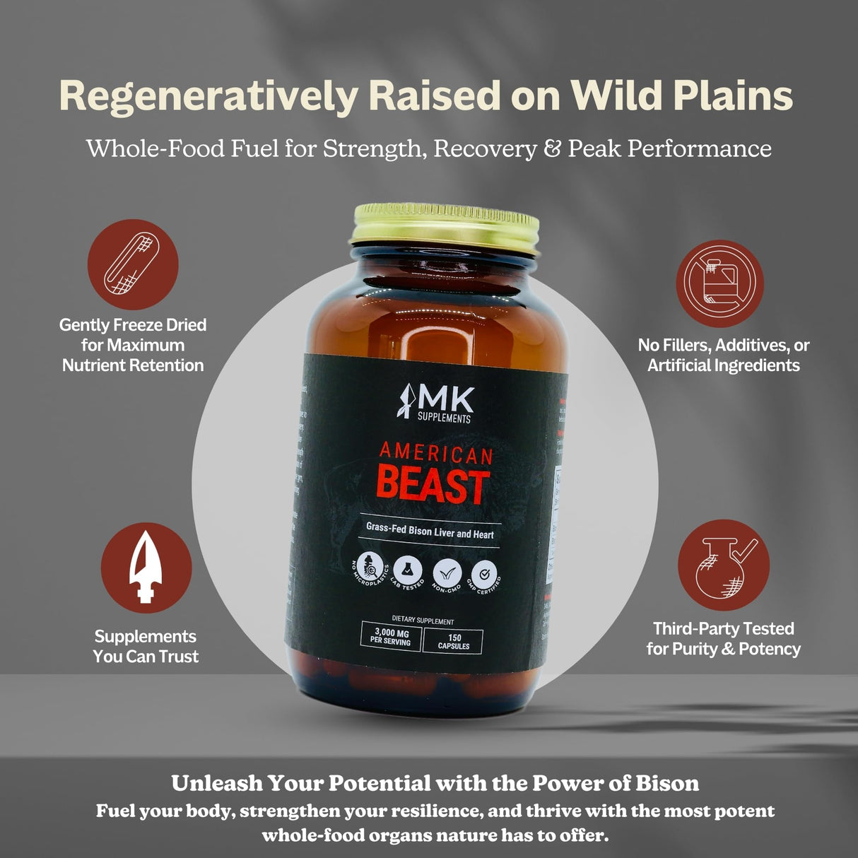 MK Supplements American Beast – Strength, Endurance & Recovery Support – 150 Capsules (30 Servings) – Freeze-Dried American Bison, 100% Grass-Fed, Bison Liver and Bison Heart, Whole-Food Formula