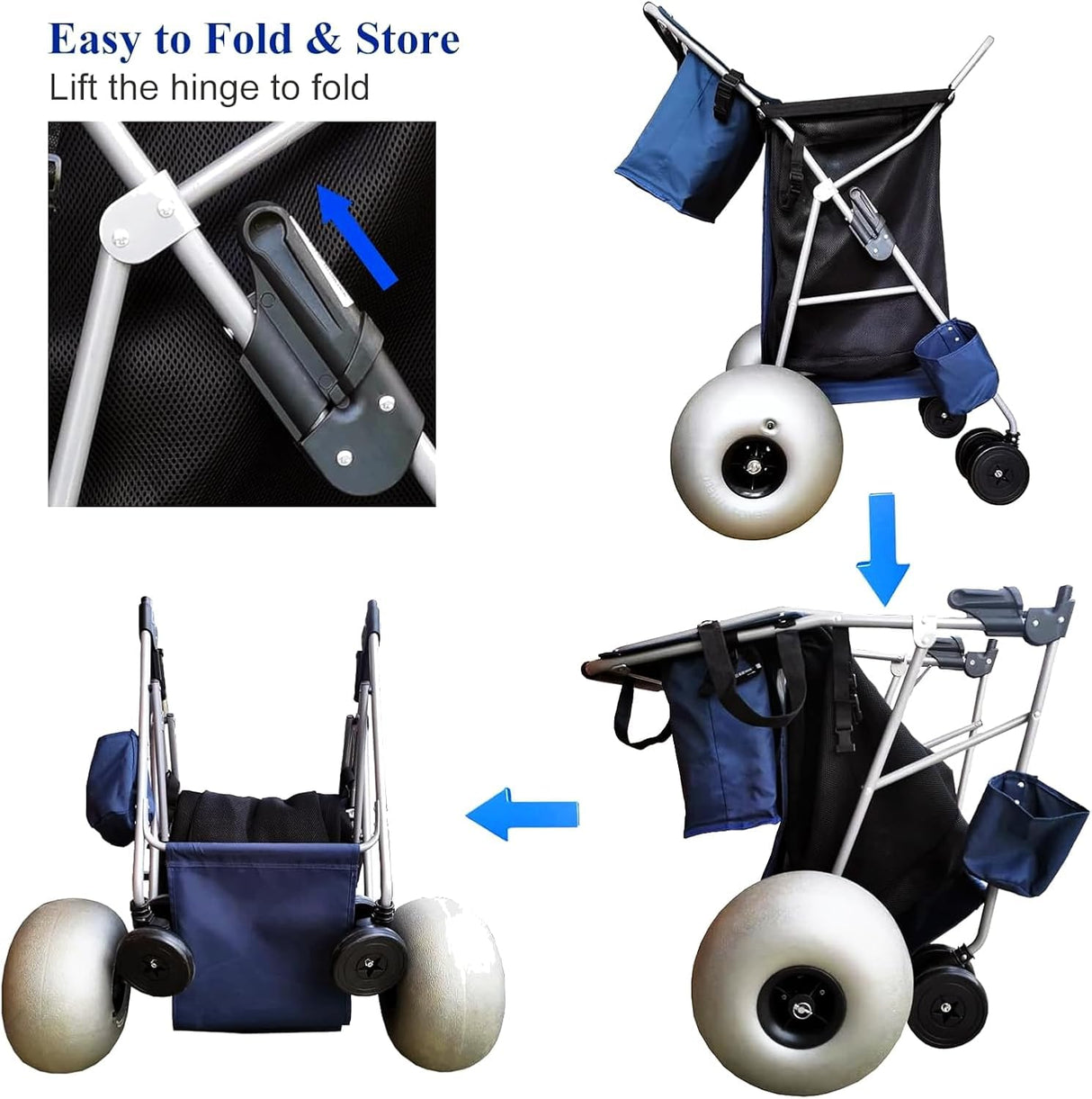 CRESTWALKER 13'' Balloon Wheel Beach Cart, Upright Stroller Wheeler with Big Wheels for Sand, Holds 4 Folding Chairs, Pump Included