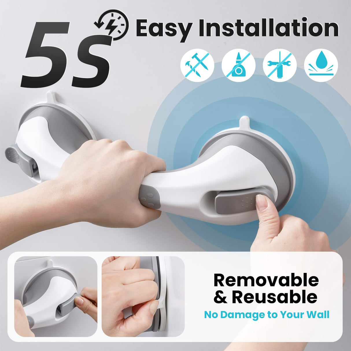 TAILI Shower Grab Bar Glow in The Dark, 2 Pack 12.2 in Grab Bars for Bathtubs and Showers,Shower Handles Shower Rails for Seniors and Elderly,Bathroom Safety Grip Removable No Drilling Waterproof Grey