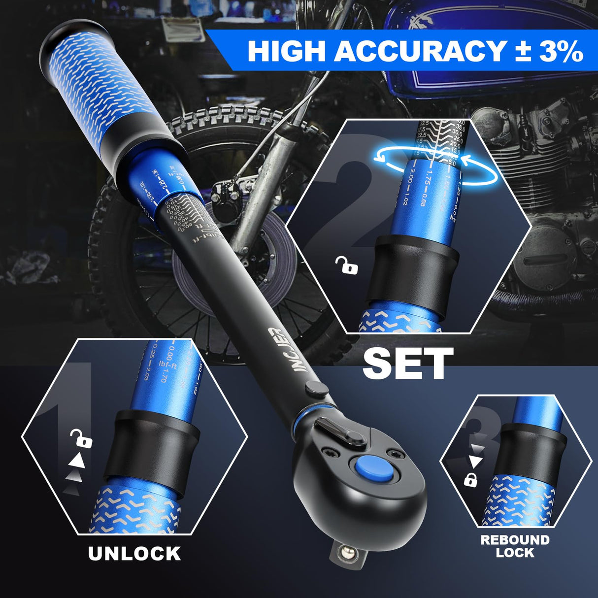 INGJER UPGRADE 3/8" Drive Click Torque Wrench,5-50Ft.Lb,Dual-Direction Adjustable 72 Tooth Click Torque Wrench for Bike, Motorcycle,Professionals & DIYers,Blue