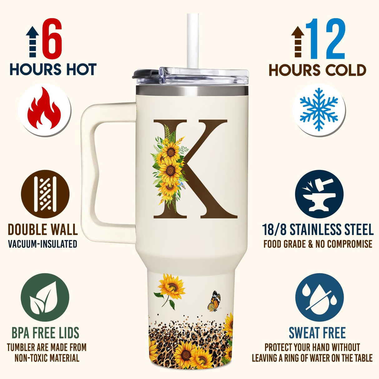 Personalized Birthday Gifts For Women - Sunflower Gifts For Women, Mom - Christmas Gifts For Womens, Mother's Day Gift For Mom, Boss - Monogrammed, Initial Tumbler Handle 40oz W Lids & Straws, K