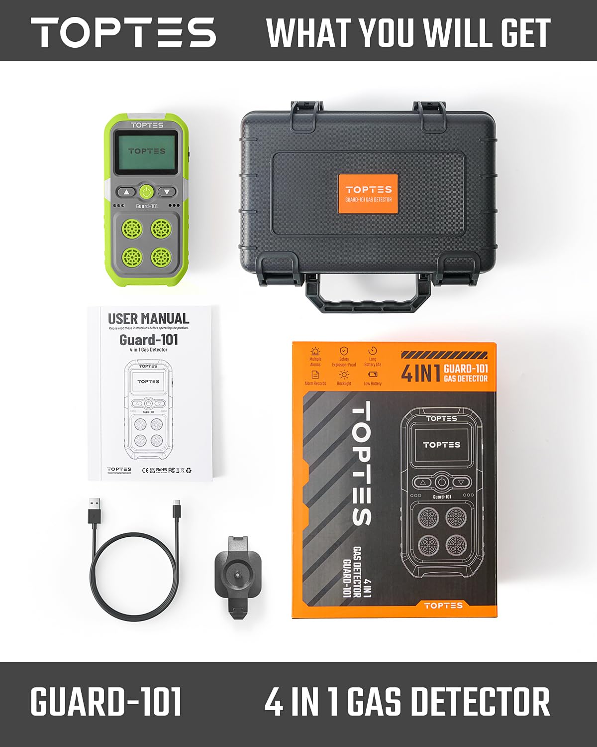 TopTes Guard-101 4 Gas Monitor Multi Detector for H2S, CO, LEL, and O2, with Vibration, Visual, and Audible Alarms, 14h Long Battery Life, Safety Explosion-Proof, for Work, Home - Green
