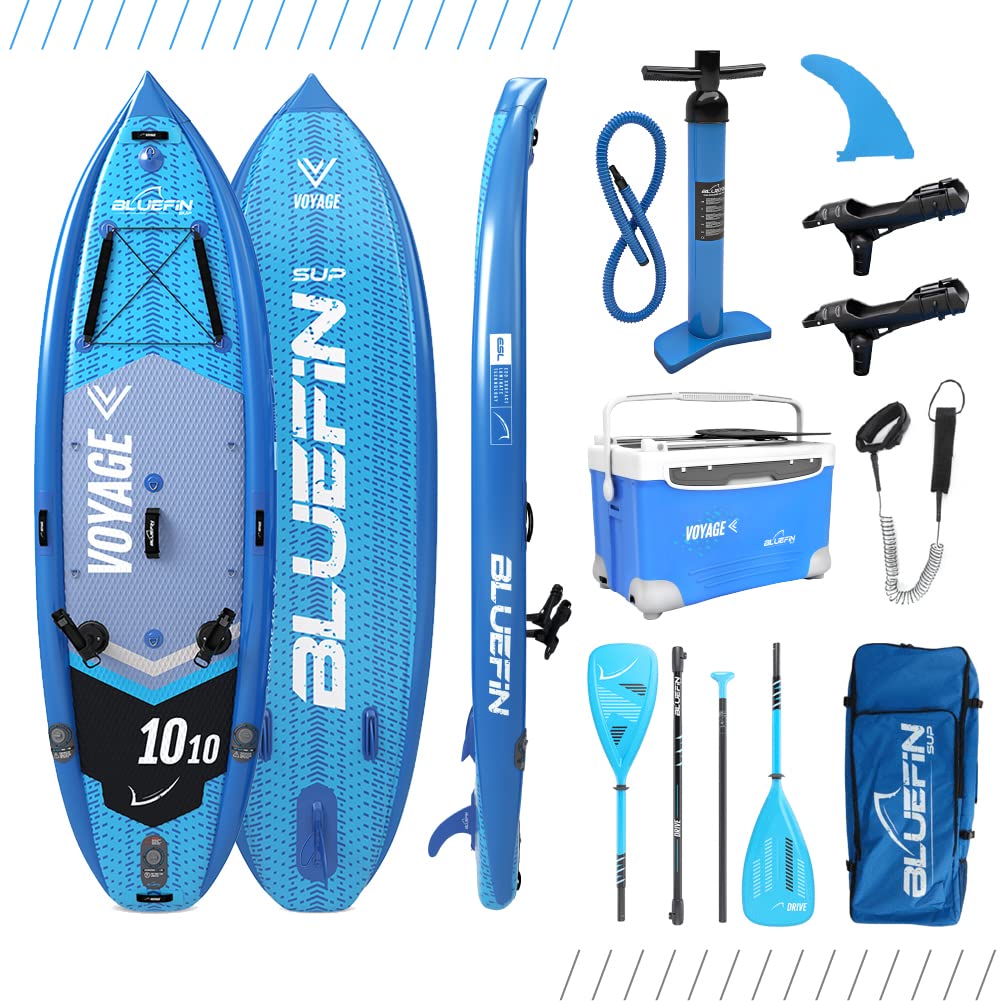 Bluefin SUP Voyage 10’10 Package with Cooler Box | Ultimate Activity Stand Up Inflatable Paddle Board | Added Stability | 20% Extra Width | Side Rails | 2X Fishing Rod Mounts | 5 Year Warranty