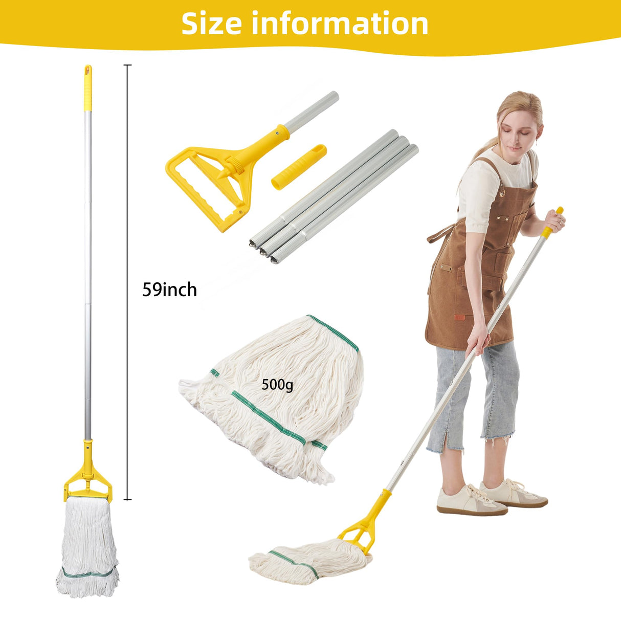 Midoneat Commercial Heavy Duty Industrial Mop with Long Handle,59" Looped-End String Wet Cotton Mops for Floor Cleaning, Including Three mop Head Replacement