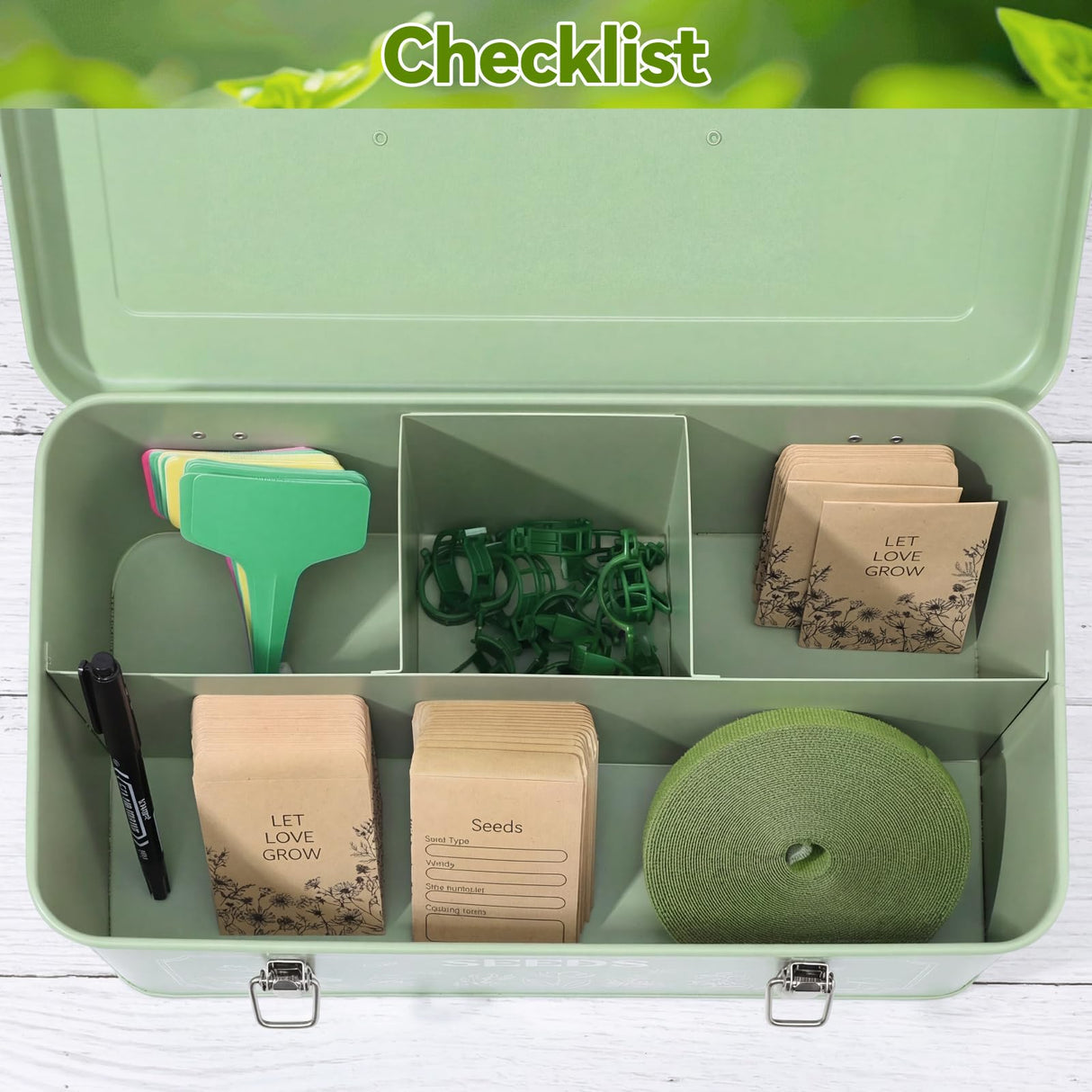 Pimoys Seed Storage Organizer, Metal Seed Saving Box with Lid, Seed Bank Container with 50 Labels 50 Envelopes 20 Plant Clips 32.8Ft Plant Tie, 4 Compartments Box Garden Seed Bin with Safety Locks