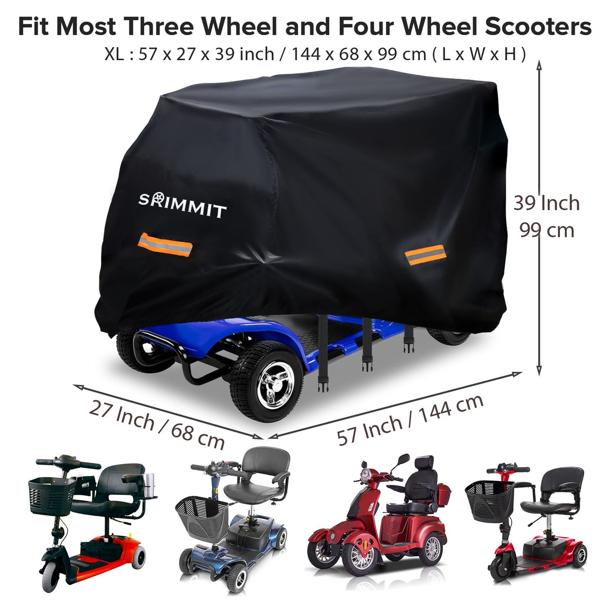 Upgraded Mobility Scooter Storage Cover,SRIMMIT Heavy Duty 420D Oxford Fabric Electric Scooter Cover, Waterproof,Anti-UV,Durable with Waterproof Strip,Reflective Strips,3 Buckles (XL 57" x 27" x 39")