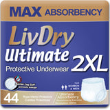 LivDry Ultimate 2XL Adult Incontinence Underwear, Max Absorbant Diapers for Women and Men, XXL 60” -80" Waist, Leak Proof Cuff, XX-Large, 44 Pack
