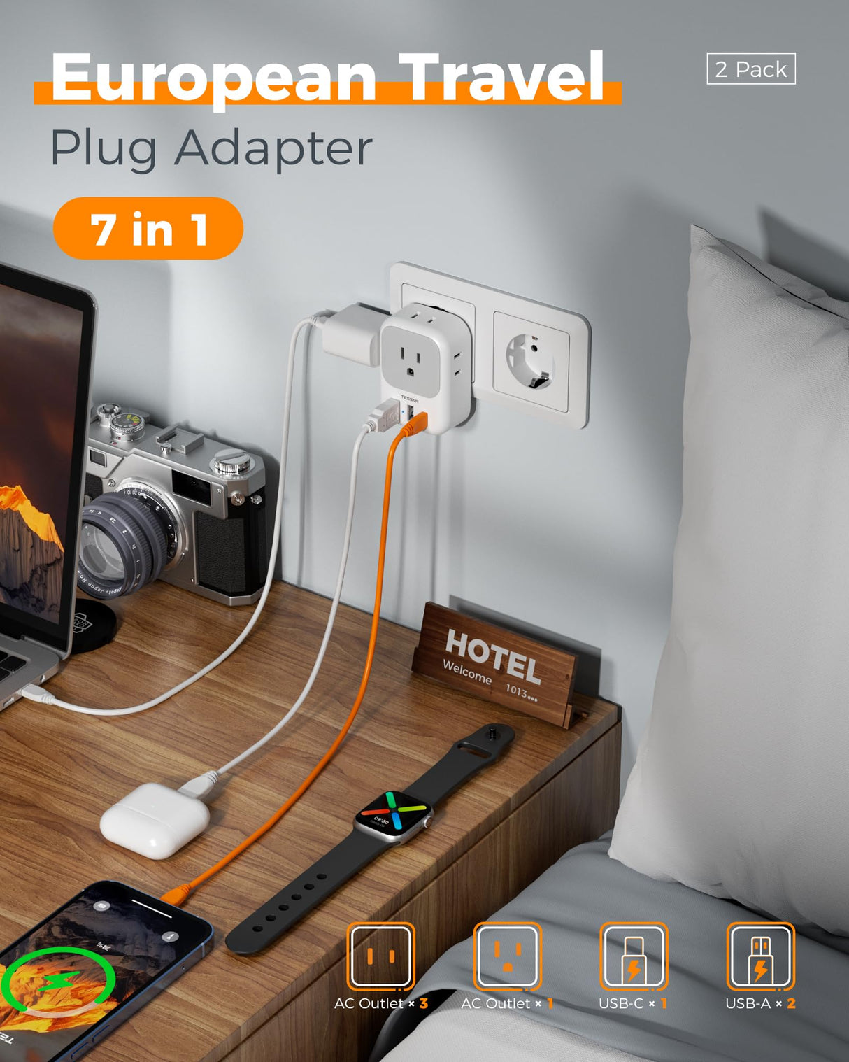 2 Pack European Plug Adapter USB C, TESSAN US to Europe Adapter 4 Outlets 3 USB Charger, Type C International Power Adaptor to Italy Spain France Portugal Iceland Germany, Europe Travel Essentials