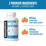 STAY ALIVE Diosmin Hesperidin 1000mg Complex, 120 Count, Citrus Bioflavonoids Rich Fruit Extract, 2 Month Supply, 100% Vegetarian, Non-GMO & Gluten Free Hesperidin and Diosmin Supplement Capsules