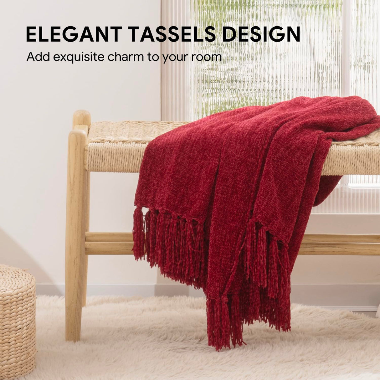 RECYCO Throw Blanket Soft Cozy Chenille Throw Blanket with Fringe Tassel for Couch Sofa Chair Bed Living Room (Christmas Red, 50'' x 60'')