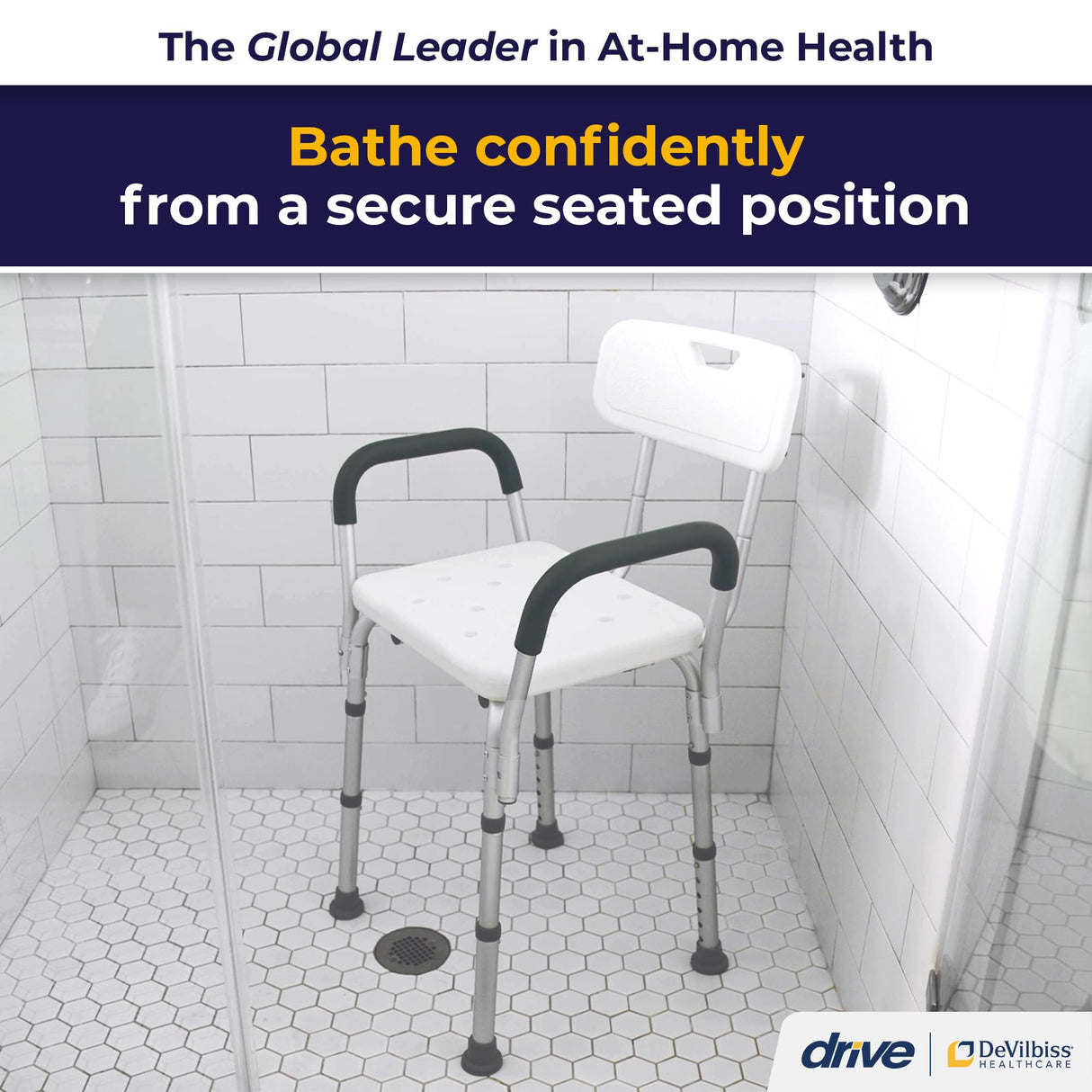 Drive Medical 12445KD-1 Shower Chair with Back and Padded Arms, Adjustable Height Bath Stool with Nonslip Feet, Tub Chair for Elderly, Bath Seat with Back, 350 LB Weight Cap, White