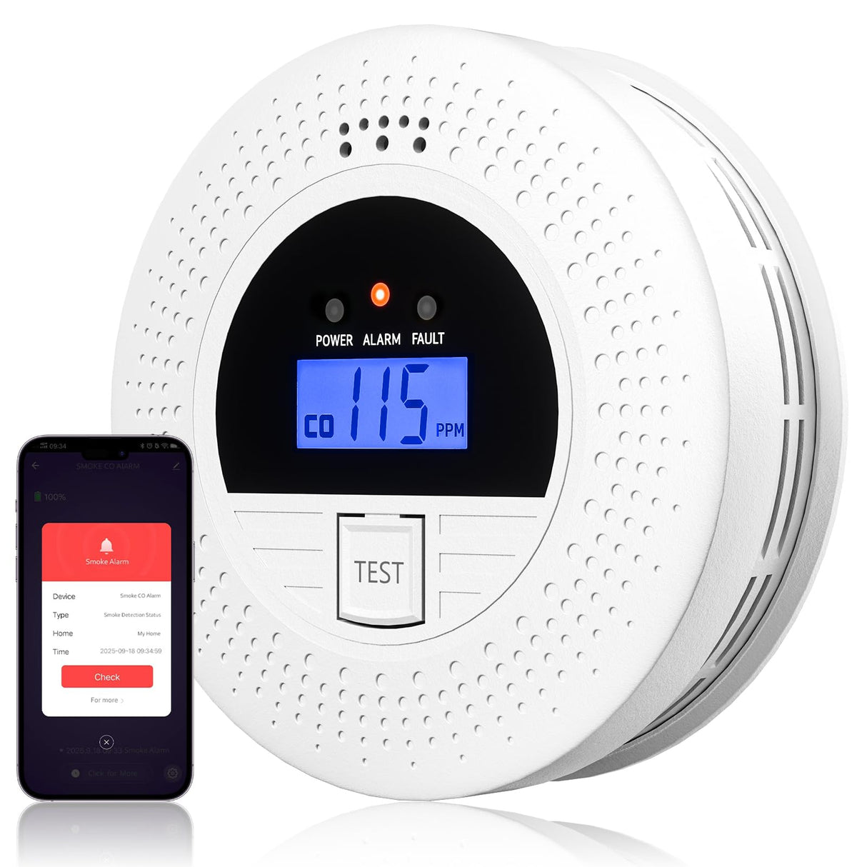 Smart Smoke & Carbon Monoxide Alarm with WiFi App Notifications, LCD Display, 85dB Alert, Battery Powered, Easy Setup for Home, Bedroom, RV