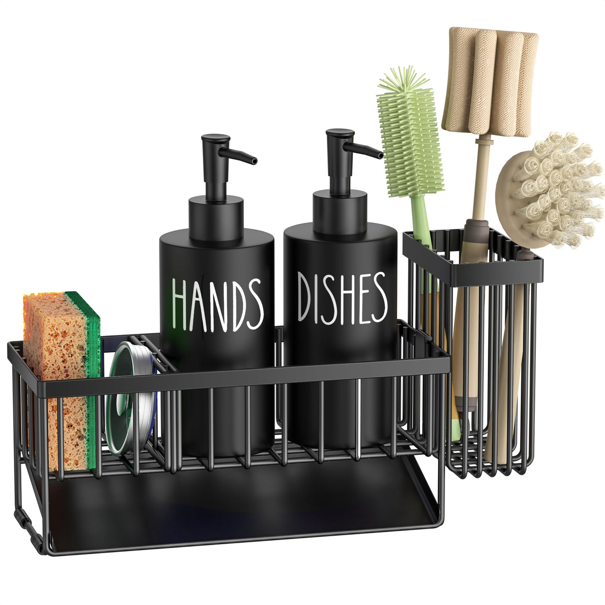 MASADI Kitchen Dish Soap Dispenser Set with Sponge Holder, 12OZ Glass Bottle, Hand and Dish Soap Dispenser Set, Non-Slip Silicone Pad, Brush Holder, Kitchen Sink Organizer Countertop (Black)