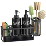 MASADI Kitchen Dish Soap Dispenser Set with Sponge Holder, 12OZ Glass Bottle, Hand and Dish Soap Dispenser Set, Non-Slip Silicone Pad, Brush Holder, Kitchen Sink Organizer Countertop (Black)