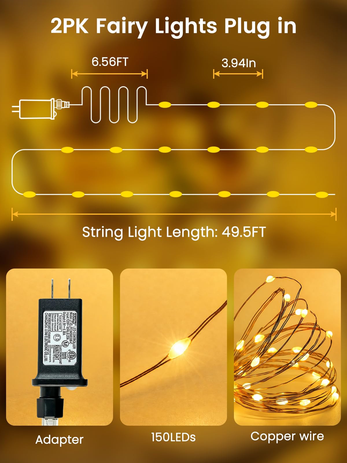 2 Pack Fairy Lights Plug in 99FT 300 LED Christmas String lights Warm White