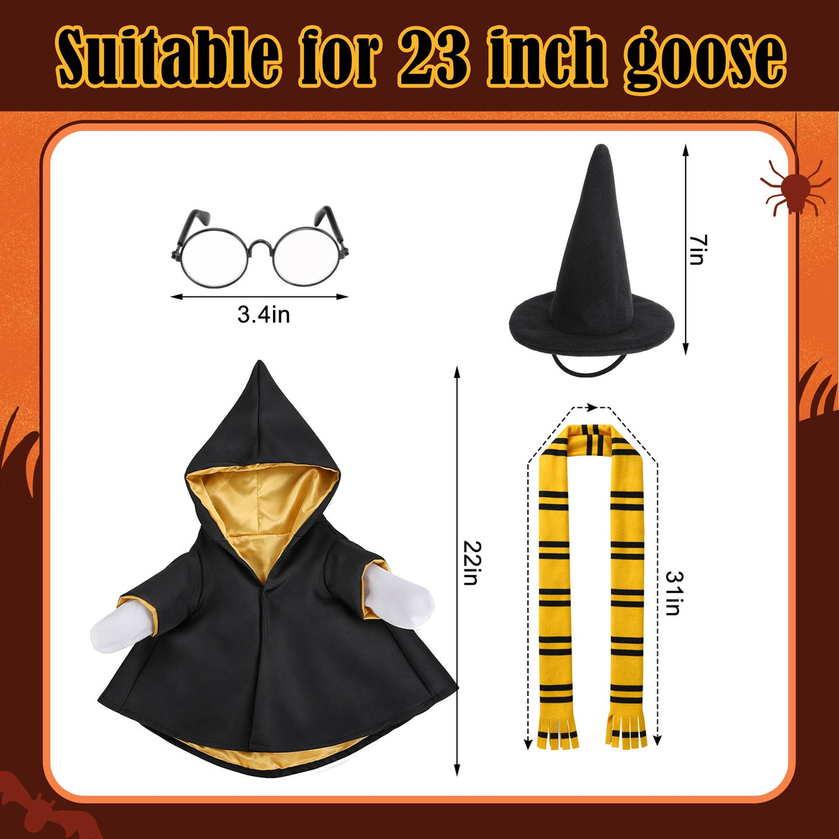 Tmovjxv 4 Pcs Halloween Wizard Porch Goose Outfit, Lawn Porch Goose Clothes Wizard Costume for 23'' Statue, Witch Garden Geese Outfit with Hat Scarf Glasses for Patio Yard Christmas Decor (Yellow)
