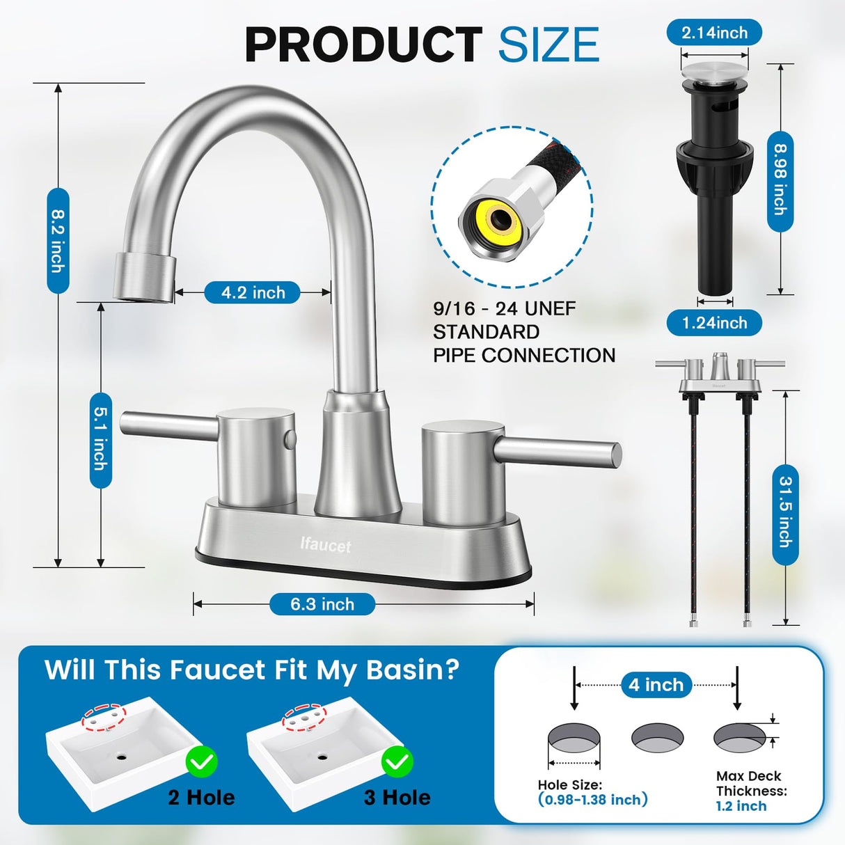 Bathroom Faucets, Bathroom Faucet 3 Hole, Bathroom Sink Faucet, Faucet for Sink 4 Inch 2 Handle Centerset, Lead-Free, with Copper Pop Up Drain (Brushed Nickel)