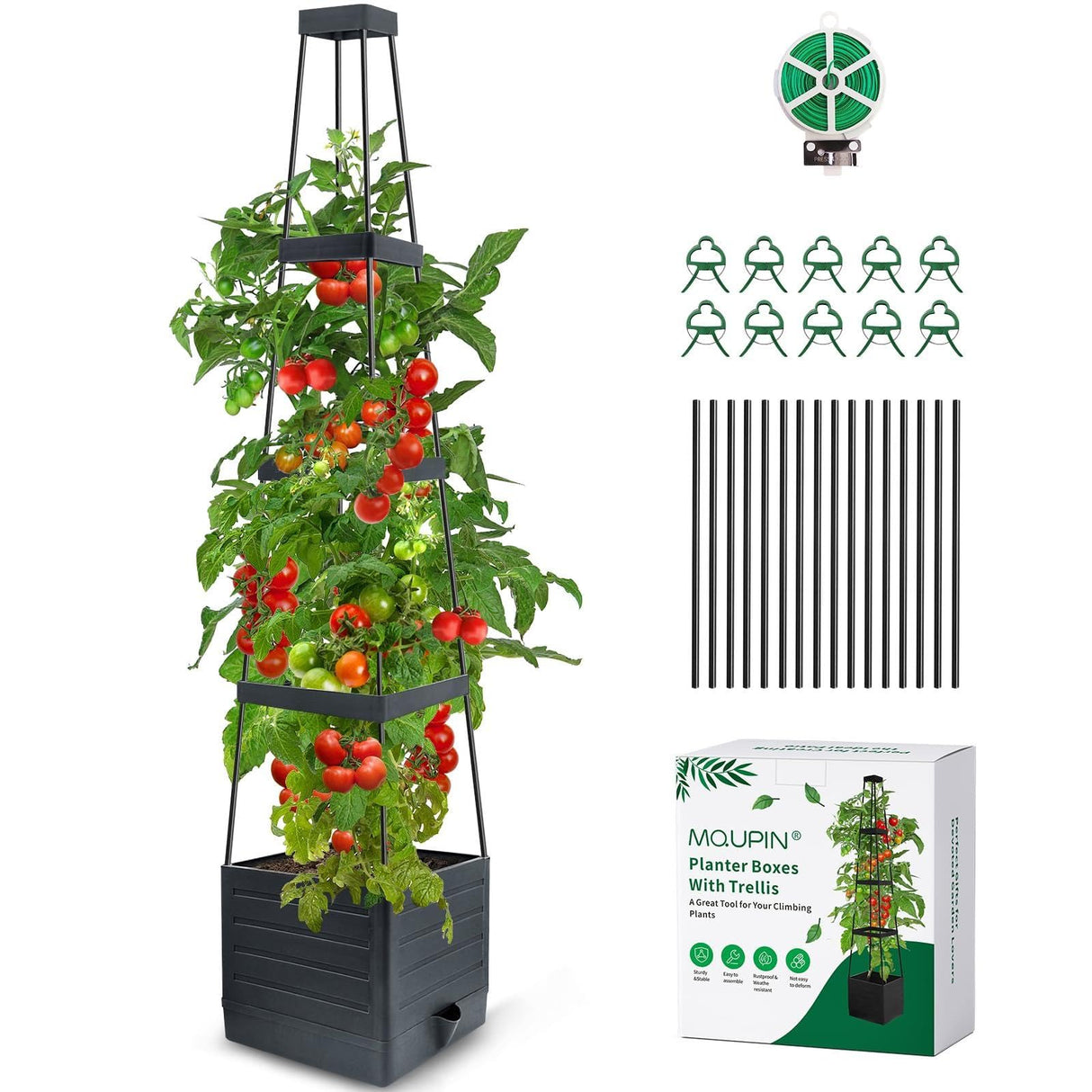 MQUPIN Self Watering Tomato Planter with Trellis, 57" Raised Garden Bed for Climbing Vegetables Vine Flowers, Tomato Cage Plant Support for Indoor Outdoor Patio Greenhouse (1 Pack)